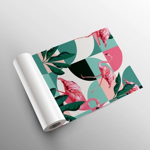 May include: A pink flamingo pattern on a white background with green leaves and geometric shapes in shades of teal and pink.