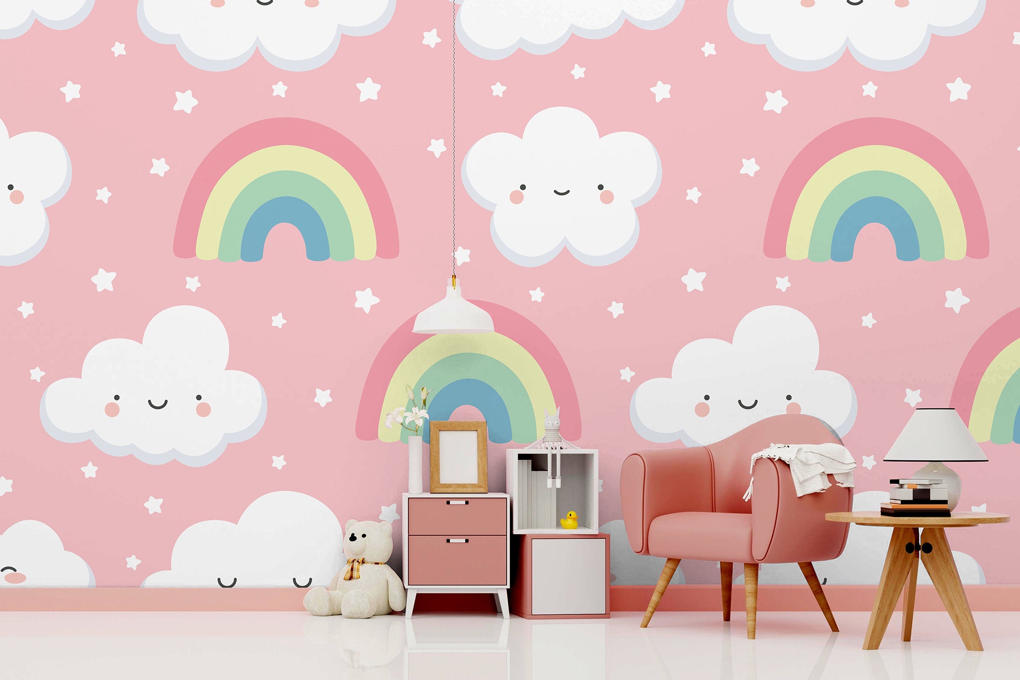 Pink wallpaper with clouds and rainbows For Kids self Etsy
