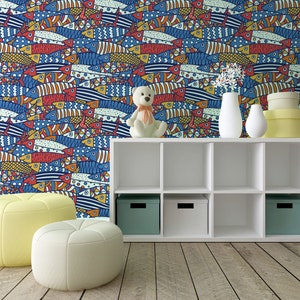 Colorful cartoon wallpaper with fish pattern, Wallpaper for kids, self adhesive, peel and stick wall mural