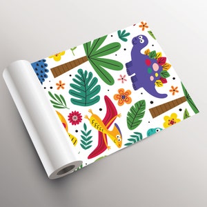 May include: A white background with a repeating pattern of colorful dinosaurs, palm trees, flowers, and leaves. The dinosaurs are purple, orange, and green. The flowers are yellow, orange, and pink. The leaves are green.