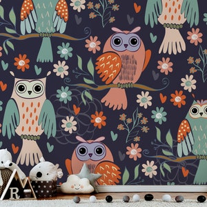 Dark blue wallpaper with colorful owls || For Kids, self adhesive, peel and stick wall mural