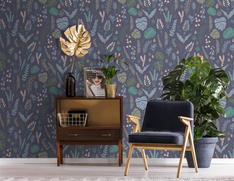 Forest plants self adhesive leaves floral wall mural removable seeds /& cones wallpaper temporary peel and stick