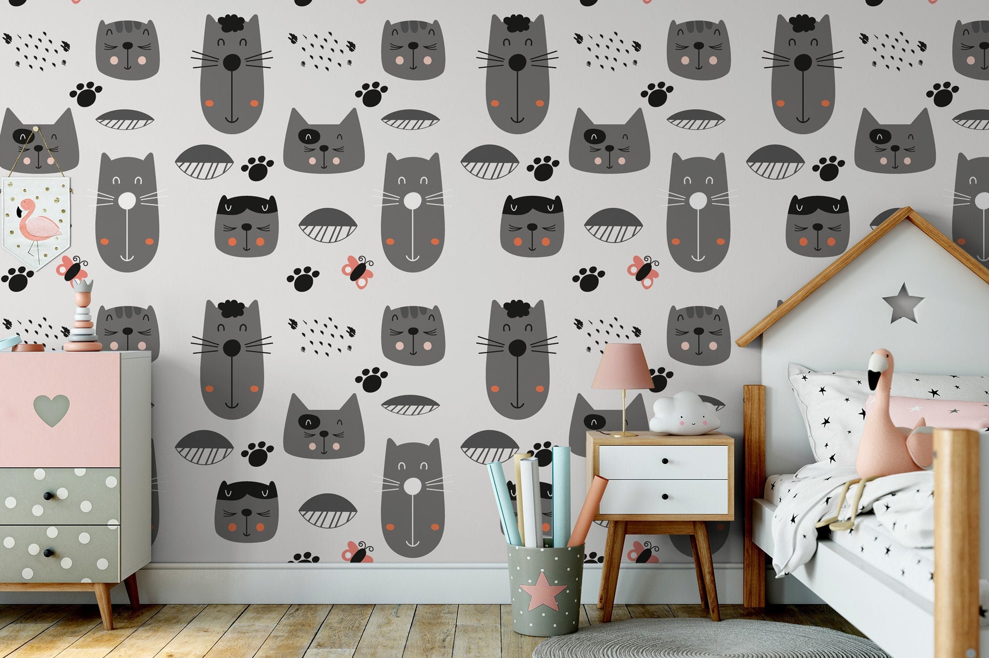 White wallpaper with funny gray cat pattern For Kids self | Etsy