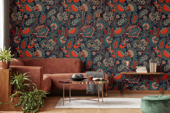 Blue and red wallpaper with beautiful floral pattern, self adhesive, peel and stick floral wall mural