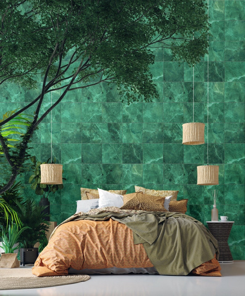 Emerald Green Marbled Tile Pattern Wallpaper Self Adhesive Etsy