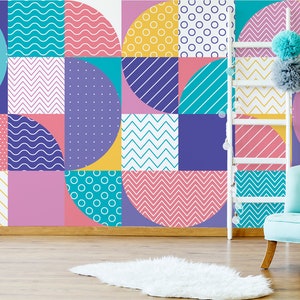 Colorful geometric pattern wallpaper || For Kids, self adhesive, peel and stick wall mural