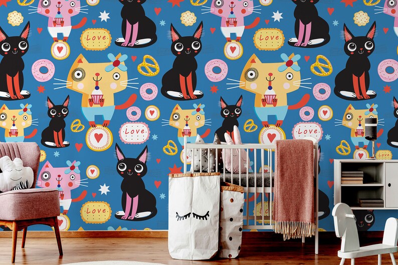 Blue Wallpaper With Funny Cats for Kids Self Adhesive Peel Etsy