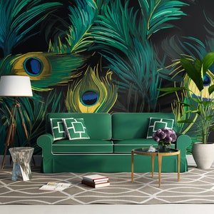 Peacock Feathers Abstract Dark Wallpaper, Green Feathers Wall Mural • Peel and Stick *self adhesive* or Non-Pasted Vinyl Materials