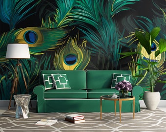 Peacock Feathers Abstract Dark Wallpaper, Green Feathers Wall Mural • Peel and Stick *self adhesive* or Non-Pasted Vinyl Materials