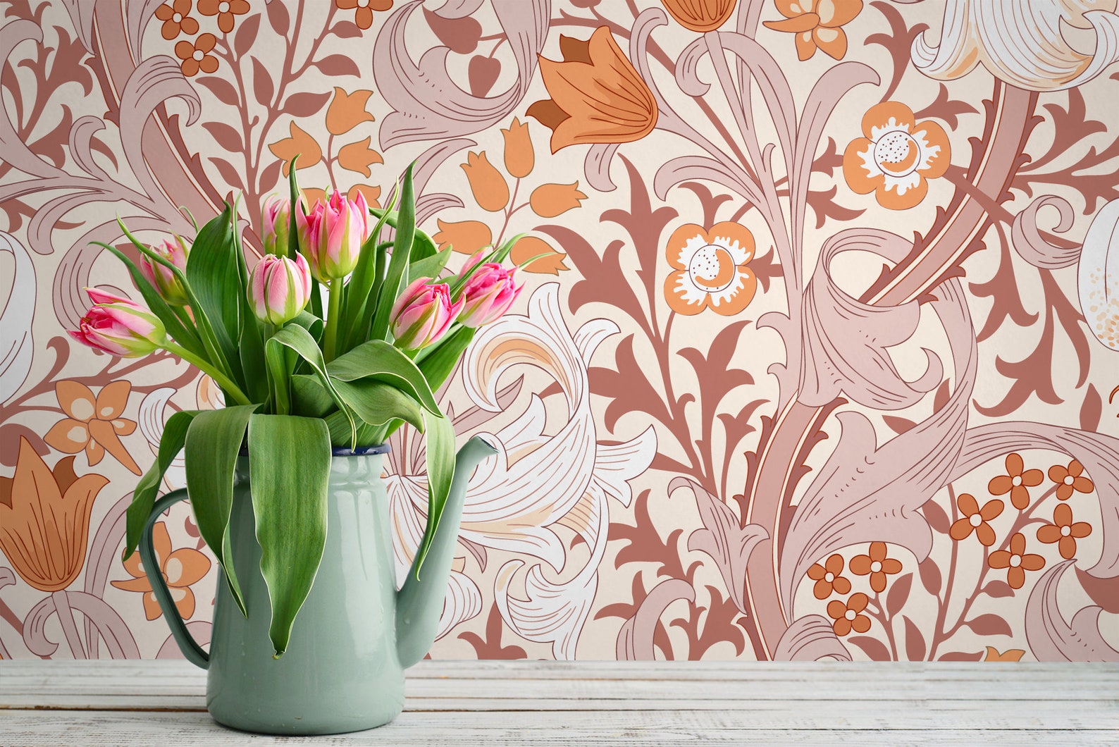 Pink & Orange Decorative Floral Wallpaper Peel and Stick Etsy