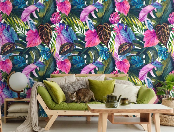 Jungle Wallpaper With Colorful Exotic Plants & Leaves Self - Etsy