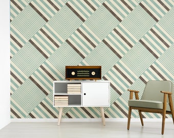 Mint green wallpaper with line and rhombus pattern, self adhesive, peel and stick wall mural
