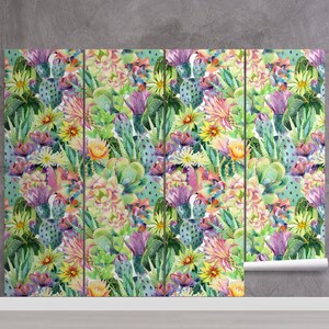 May include: A seamless pattern featuring watercolor illustrations of various cacti and succulents in shades of green, pink, yellow, and purple on a white background.