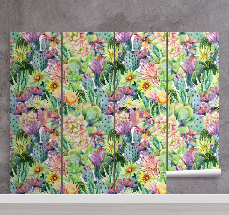 May include: A seamless pattern featuring watercolor illustrations of various cacti and succulents in shades of green, pink, yellow, and purple on a white background.