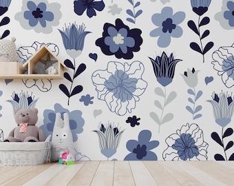 White wallpaper with blue flowers and tulips || For Kids, self adhesive, peel and stick wall mural