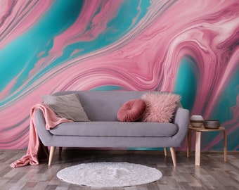 Blue & Pink Marble Wavy Wallpaper, Abstract Art Wall Mural • Peel and Stick *self adhesive* or Non-Pasted Vinyl Materials