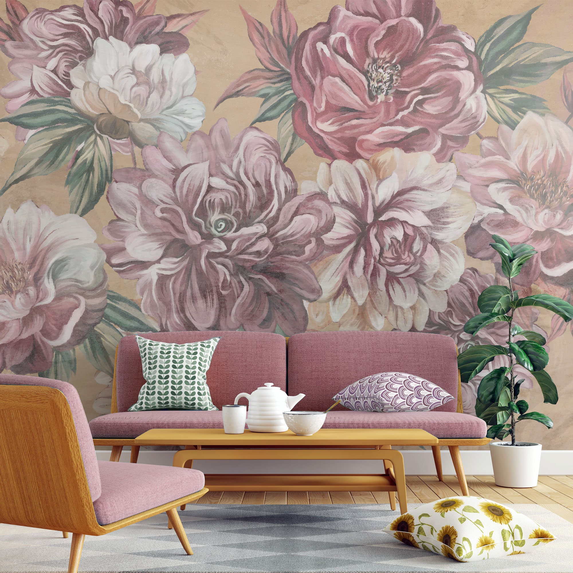 Vintage Painted Flowers Mural, Pink Peony Wallpaper || Self Adhesive ...