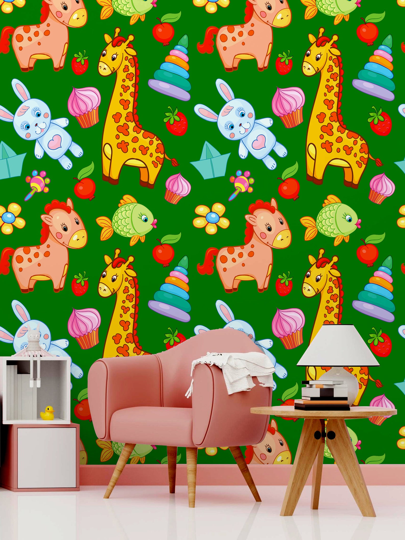 Green Wallpaper With Colorful Animals Fruits and Sweets - Etsy
