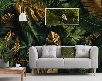 Matte yellow and green monstera leaves wallpaper, tropical self adhesive, peel and stick floral wall mural