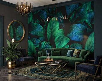 Dark green & blue leaves wallpaper, botanical wall mural, tropical wall art, peel and stick *self adhesive* or traditional vinyl paper