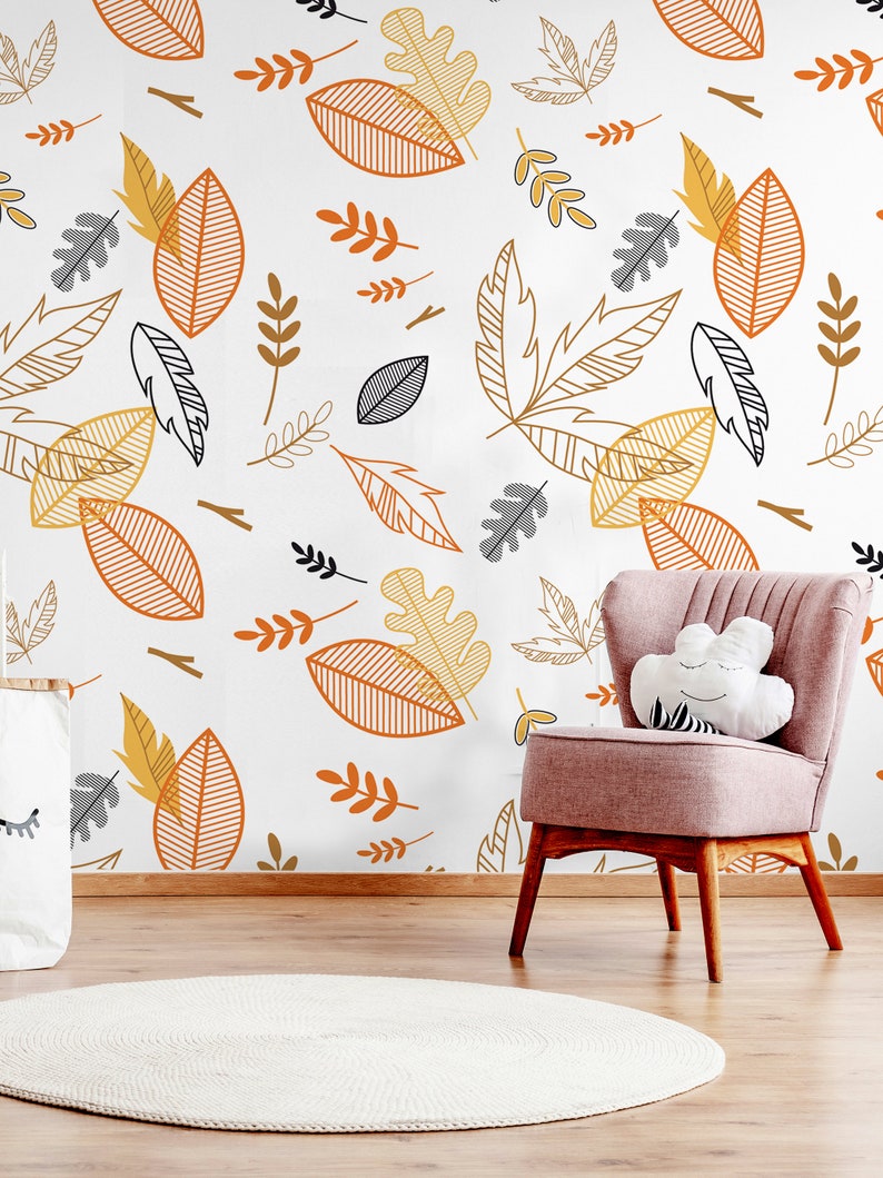 Orange and Blue Leaf Pattern Wallpaper for Kids Self Etsy