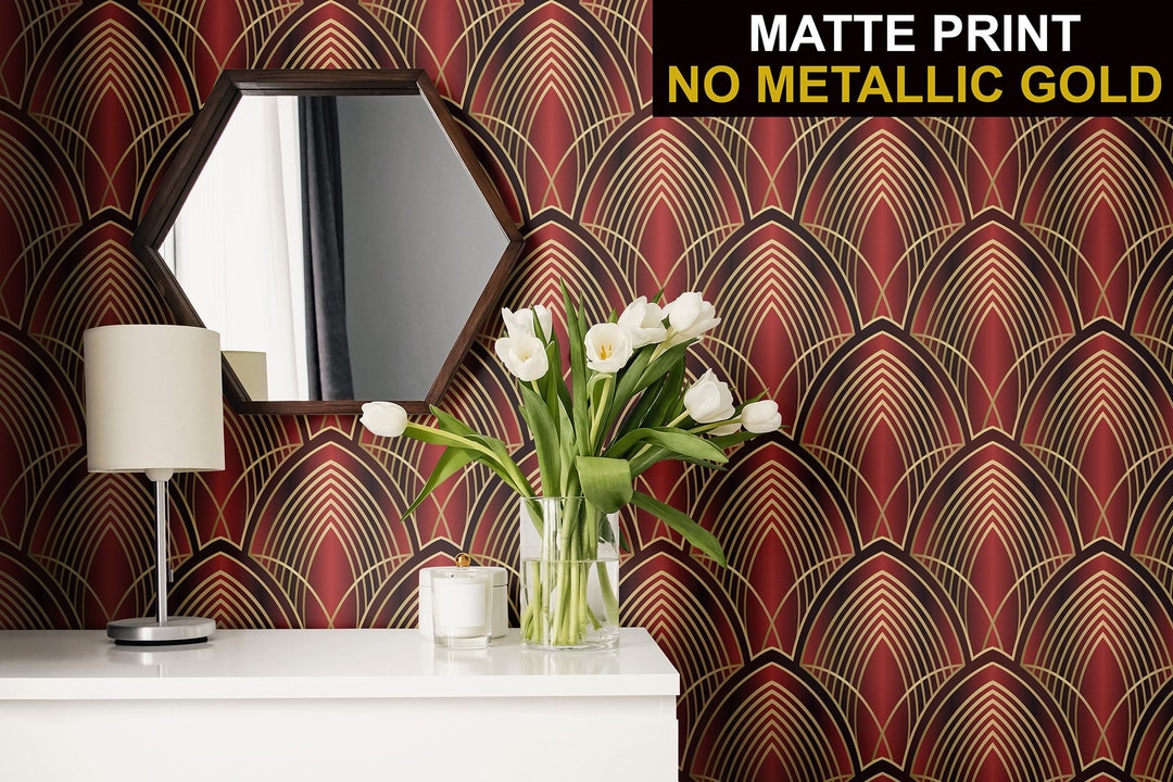 Art Deco Luxury Red and Yellow Vintage Geometric Pattern Wallpaper Peel