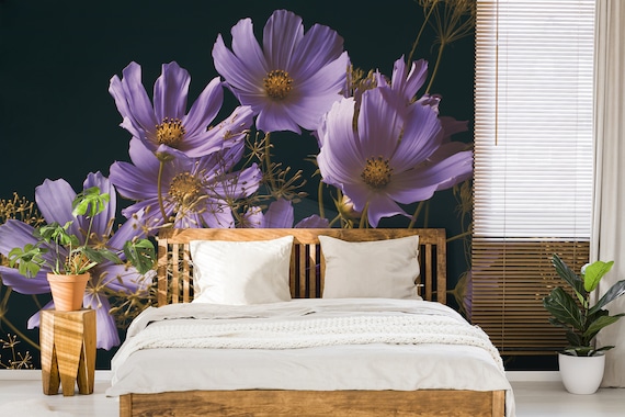 Purple Flowers Wallpaper Peel and Stick Floral Wall Mural | Etsy