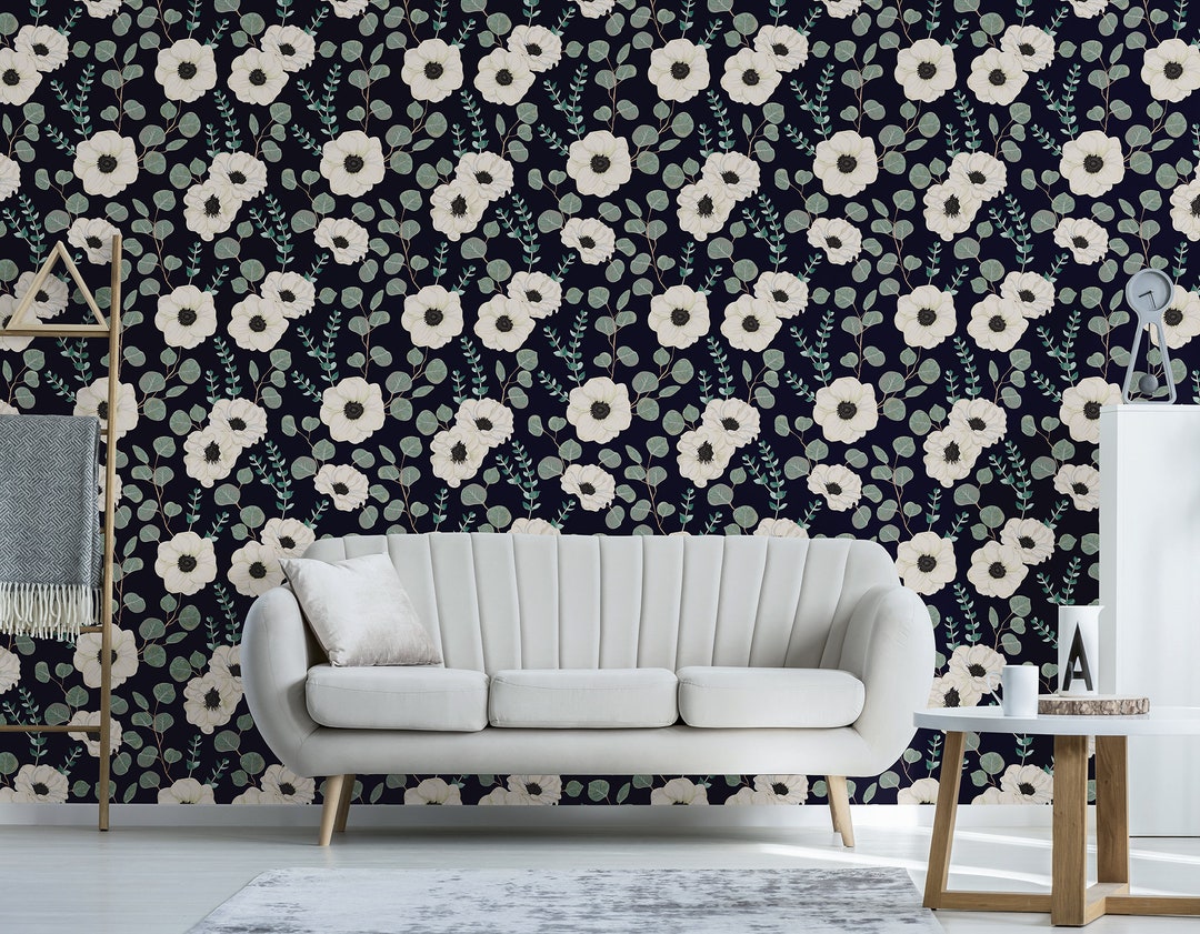 Dark Wallpaper With White Anemone Flower Pattern Self - Etsy