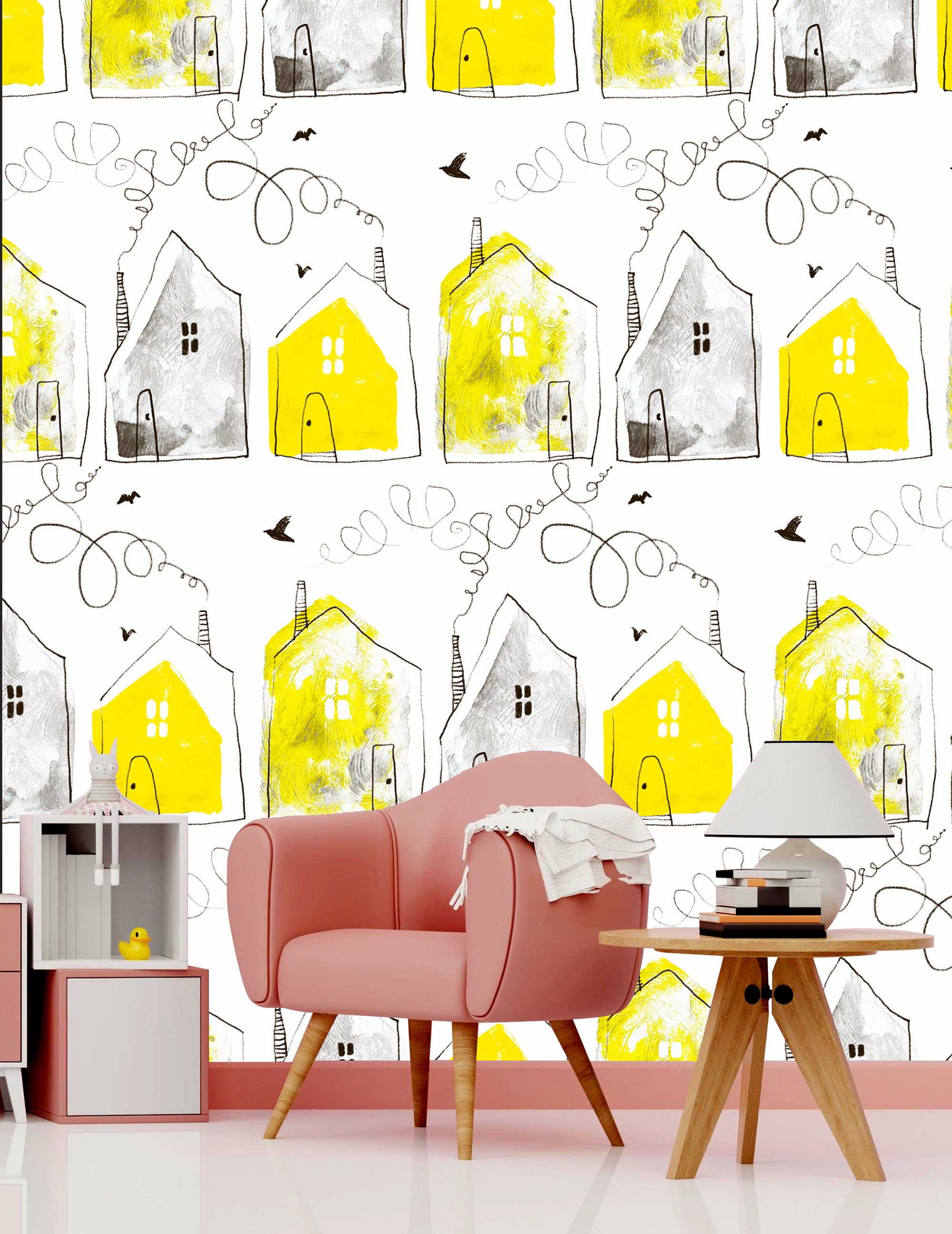 White Wallpaper With Yellow and Gray Painted Homes Wallpaper Etsy