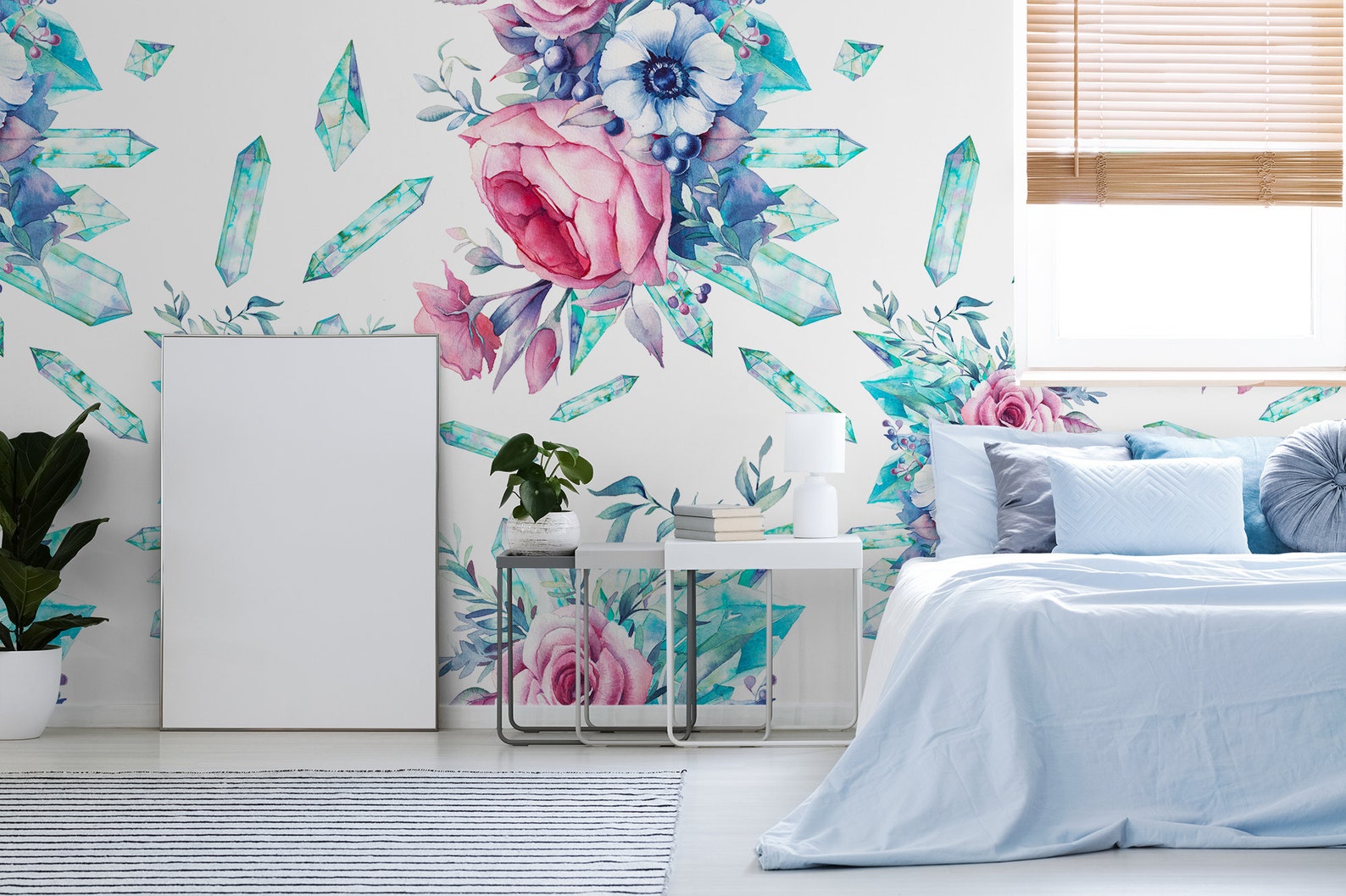 Watercolor Flowers and Gemstones Botanical Wallpaper Self - Etsy