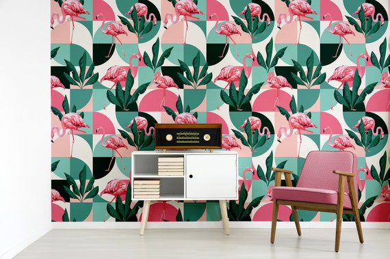 Green and pink wallpaper with flamingos and tropical leaves, self adhesive, peel and stick wall mural