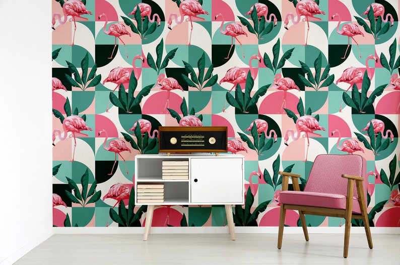 May include: A pink flamingo wallpaper with a geometric pattern of circles and squares. The wallpaper features pink flamingos and green tropical leaves on a white background.