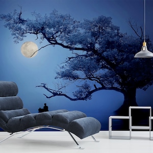 Midnight landscape wallpaper, self adhesive, peel and stick wall mural