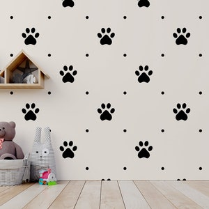 White wallpaper with black dog paw pattern || For Kids, self adhesive, peel and stick wall mural