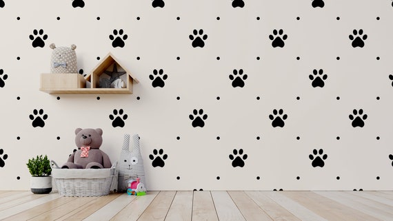 White Wallpaper With Black Dog Paw Pattern for Kids Self - Etsy White Wallpaper With Black Dog Paw Pattern for Kids Self - Etsy