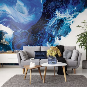 Black and blue marbled abstract paint art wallpaper || self adhesive, peel and stick wall mural