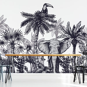 Tropical flora and fauna, jungle and animals wallpaper, self adhesive, peel and stick wall mural