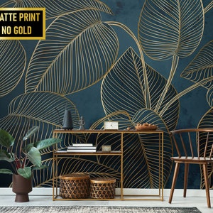 Dunkelblaue Art-Deco-Tapete mit gelber Blatt-Strichzeichnung • Abziehen und Aufkleben *selbstklebend* oder nicht geklebte Vinylmaterialien •