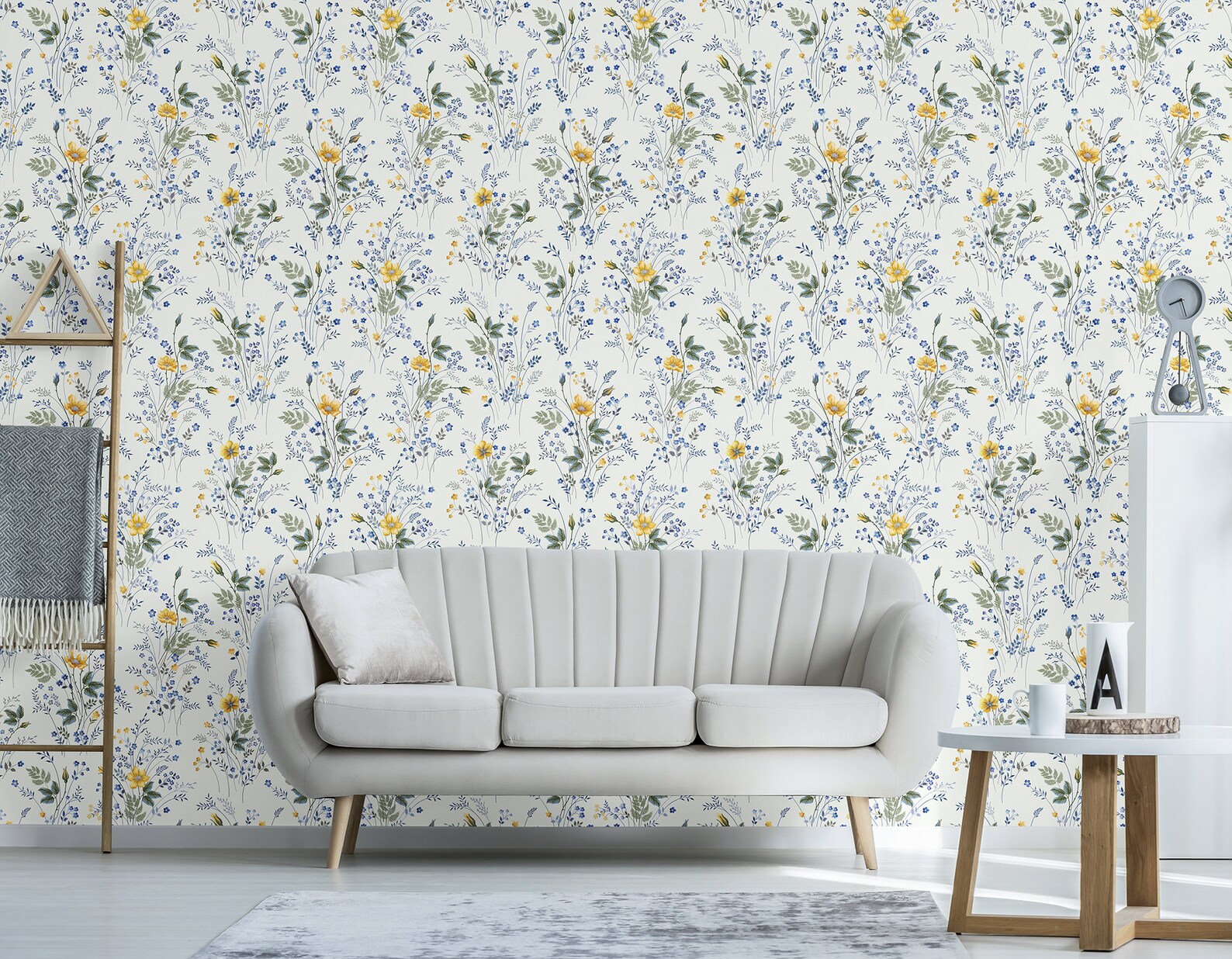 White Wallpaper With Blue and Yellow Field Flower Pattern Etsy
