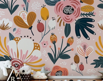 Rosa Cartoon-Tapete mit Blumenmuster || Für Kinder, selbstklebendes Wandgemälde zum Abziehen und Aufkleben