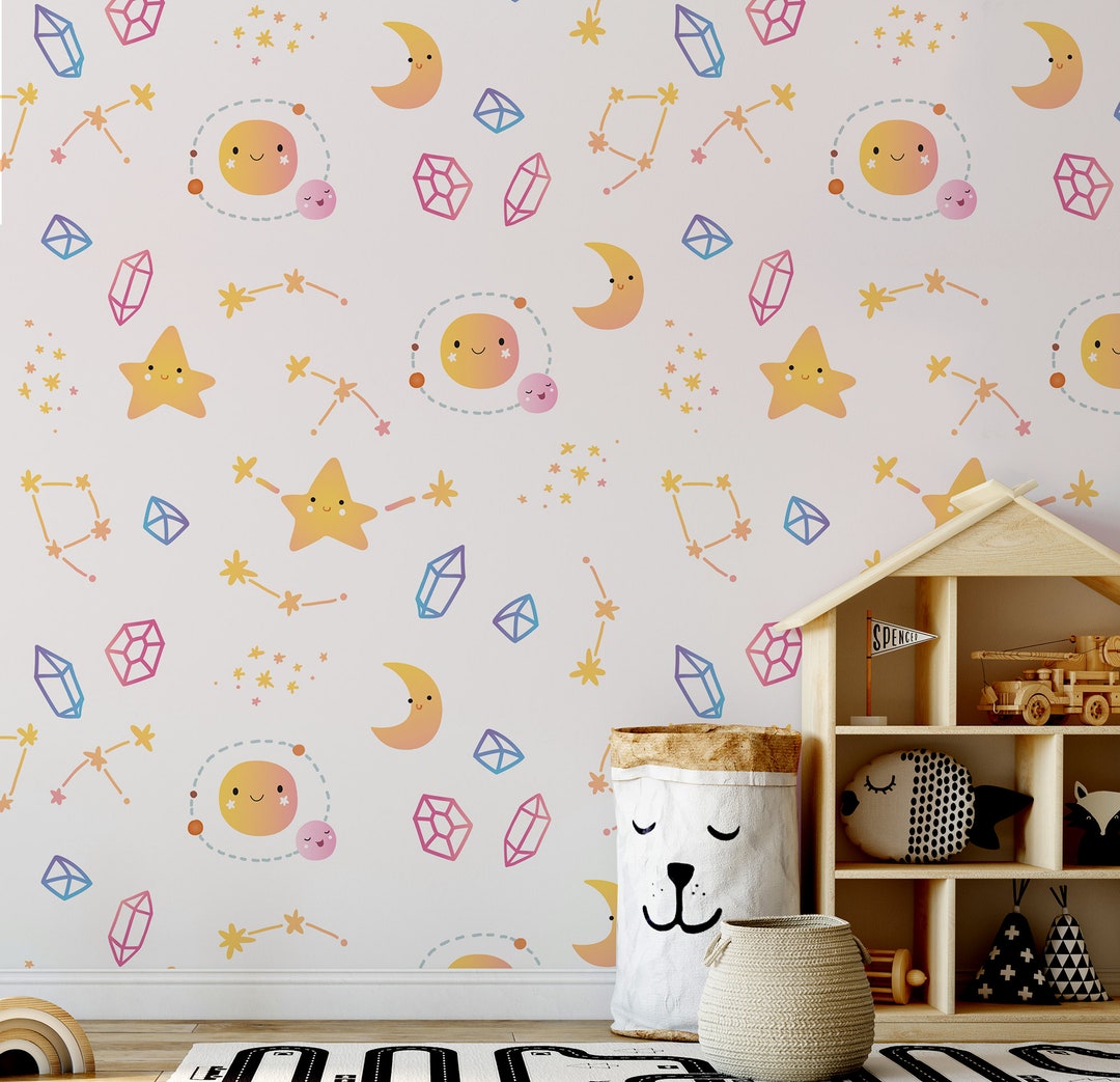 Behang met sterren, planeten en diamanten || Voor kinderen, zelfklevend,  verwijderbaar en plakbaar fotobehang - Etsy België, image size:1080x1043