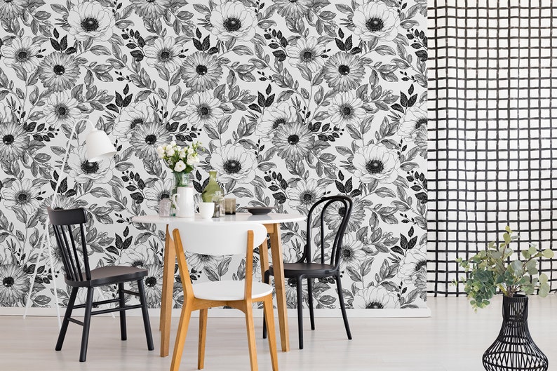 Black and white floral pattern wallpaper peel and stick | Etsy