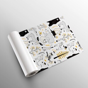 May include: A white background with a repeating pattern of black and yellow woodland animals. The animals include bears, deer, foxes, owls, squirrels, rabbits, and birds. The pattern is perfect for wrapping paper or fabric.