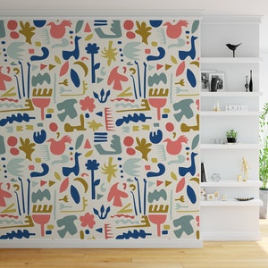 Wallpaper with colorful shapes || For Kids, self adhesive, peel and stick wall mural