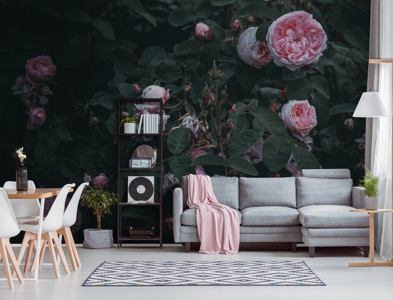 Green Vintage Wallpaper With Pink Roses Peel and Stick Etsy