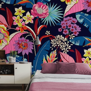 Carta da parati blu scuro con piante e fiori esotici colorati, decorazione murale floreale autoadesiva, stacca e incolla