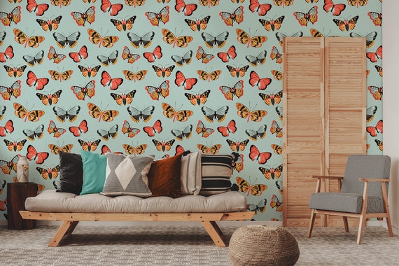 Blue wallpaper with red and orange butterflies, self adhesive, peel and stick floral wall mural