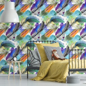 Watercolor colorful wallpaper with bird feathers, self adhesive, peel and stick floral wall mural