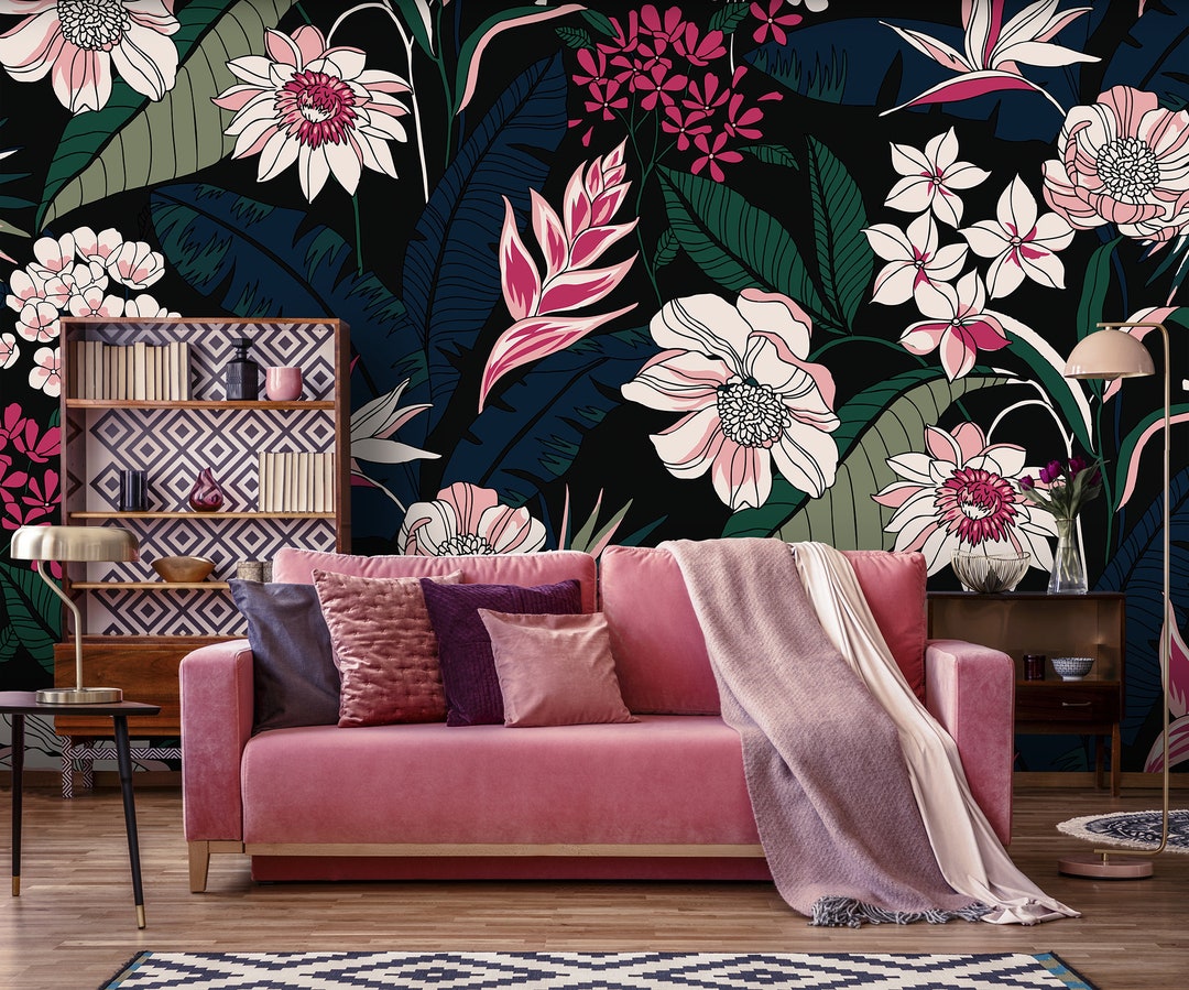 Dark Wallpaper With Exotic Leaves and Pink Flowers || Peel and Stick ...