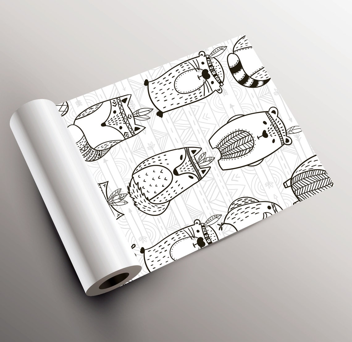 Black and White Line Art Wallpaper With Forest Animals for Etsy